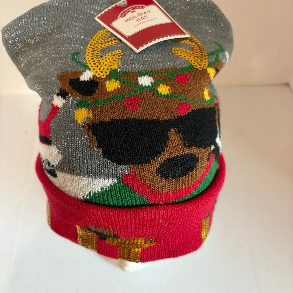 Holiday Beanie with Pom Pom - Gray and Red - Picture 4 of 5